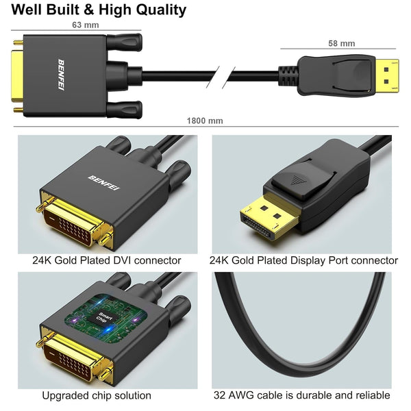 Benfei 000125Bk 10F Displayport To Dvi Cable Male Gold Plated Cord 3Mlated Monitor/Av Cables & Adapters