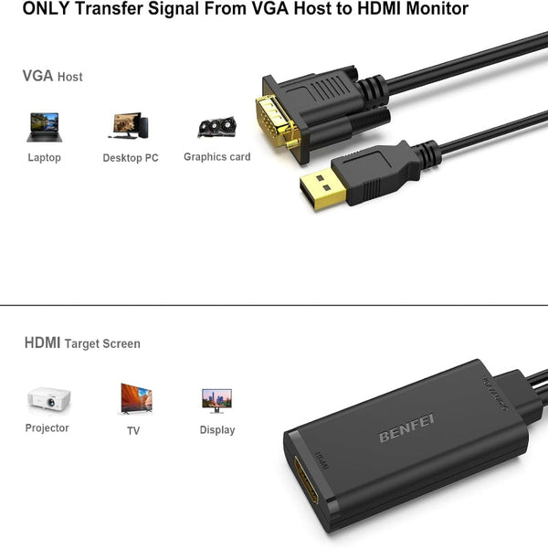 Benfei 210Bk Vga To Hdmi Adapter With Audio Support And 1080P Resolution Monitor/Av Cables & Adapters