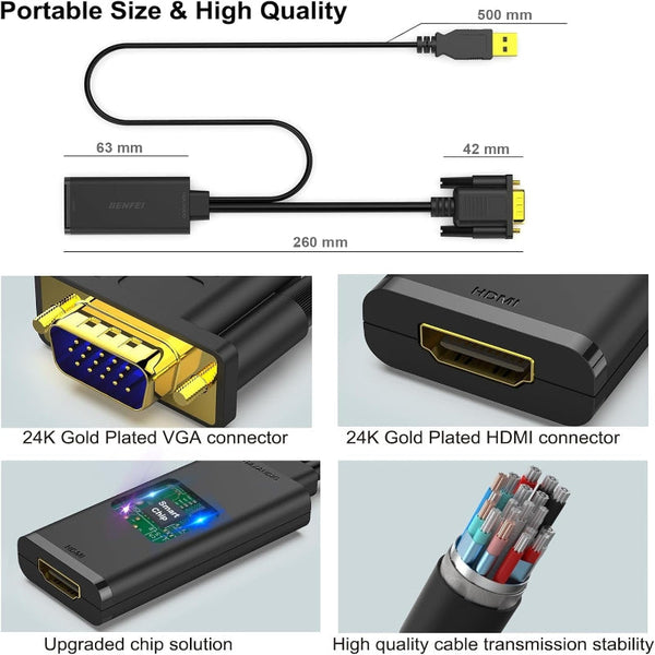 Benfei 210Bk Vga To Hdmi Adapter With Audio Support And 1080P Resolution Monitor/Av Cables & Adapters