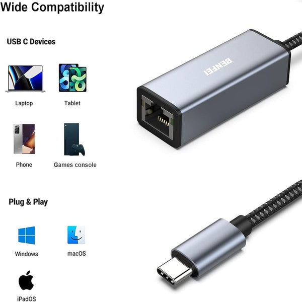 Benfei Usb C To Ethernet Adapter (Thunderbolt 3 Rj45) Splitters Couplers & Adapters