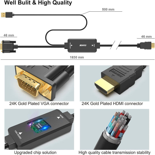 Benfei 324Bk Vga To Hdmi Cable With Audio 1080P Uni Directional 1.8M Monitor/Av Cables & Adapters