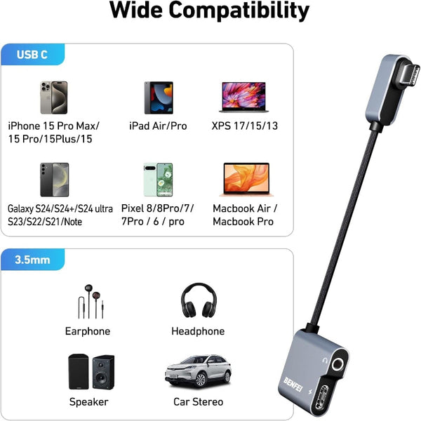 Benfei Usb C To Audio Jack Adapter With 60W Fast Charging Audio Cables & Adapters