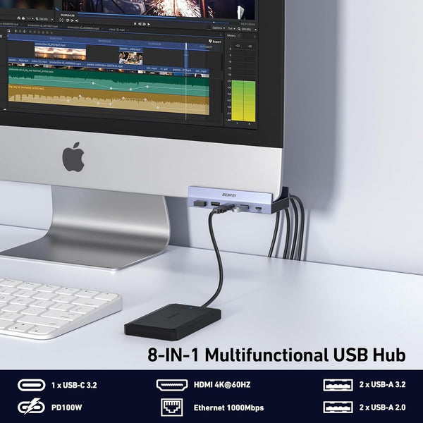 Benfei 396Gy Usb C 8 In 1 Docking Hdmi 4K/60Hxz+Usb C(10G)+2Xusb A(10G)+2Xusb2.0+Rj45+Pd100w Usb Cables Hubs & Adapters