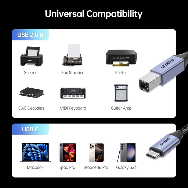 Benfei 405Gy 2M Usb To C Printer Cable Nylon Braided Premium Aluminium Alloy Case Usb Cables Hubs & Adapters