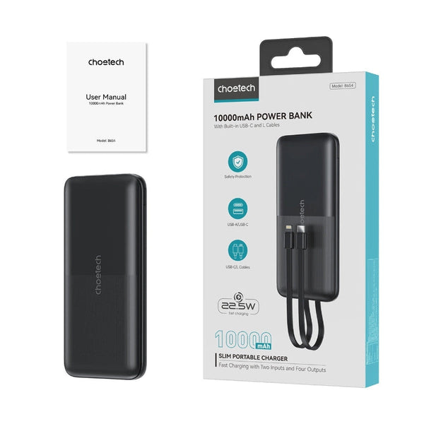 Choetech B654 10000Mah Pwer Bank 22.5W Usb A / Usb C Micro With Built In Lightning Cable Black Battery Chargers