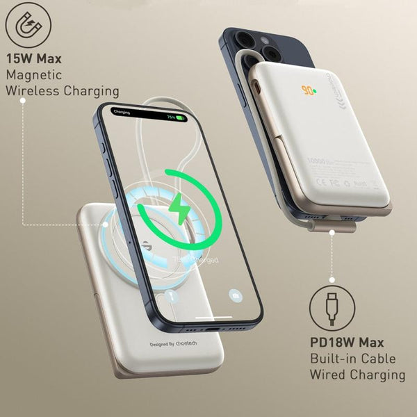 Choetech B735 Wh 10000Mah 20W Magleap Wireless Power Bank White With Phone Holder And Build In Cable Chargers & Cradles