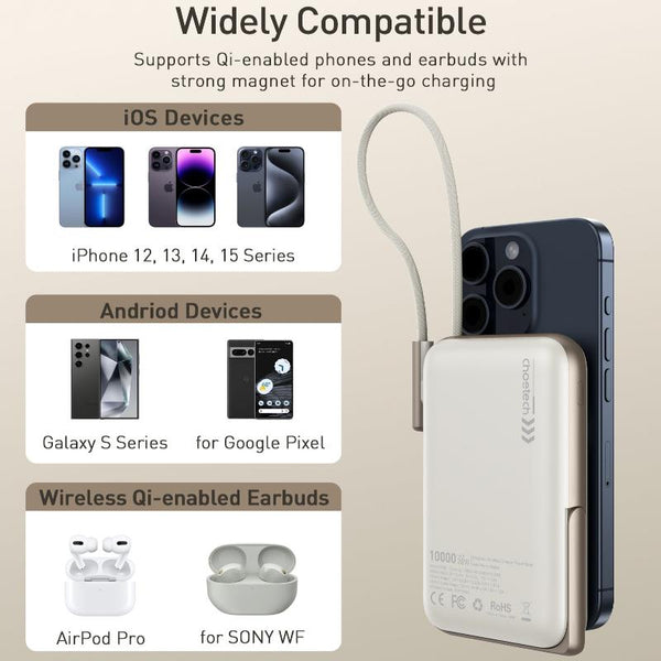 Choetech B735 Wh 10000Mah 20W Magleap Wireless Power Bank White With Phone Holder And Build In Cable Chargers & Cradles