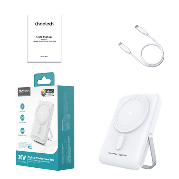 Chargers & Cradles Choetech B743 Wh 10000Mah Pd20w Magnetic Power Bank With Holder White
