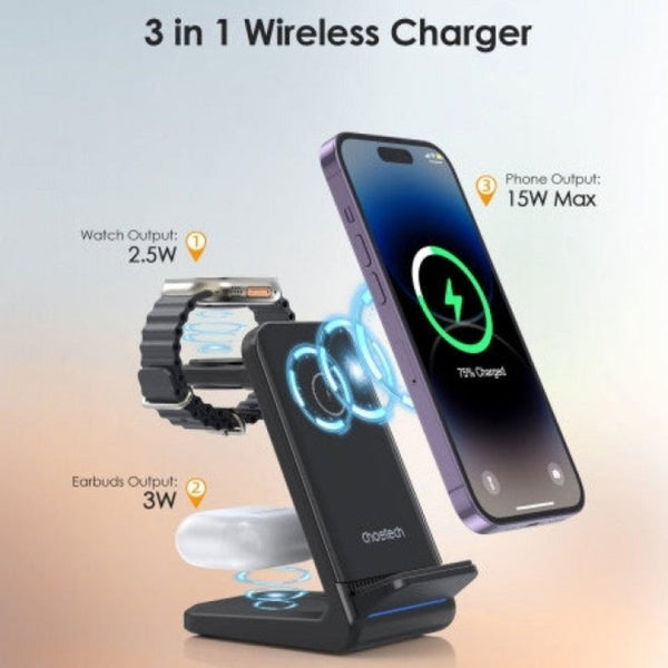 Choetech T608 F Bk 15W 4 In 1 Wireless Charger Stand For Iwatch And Samsung Watch (Black) Chargers & Cradles
