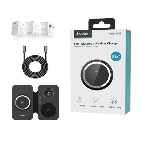 Choetech T616 F Bk 3In1 Magnetic Foldable Wireless Charger Chargers & Cradles