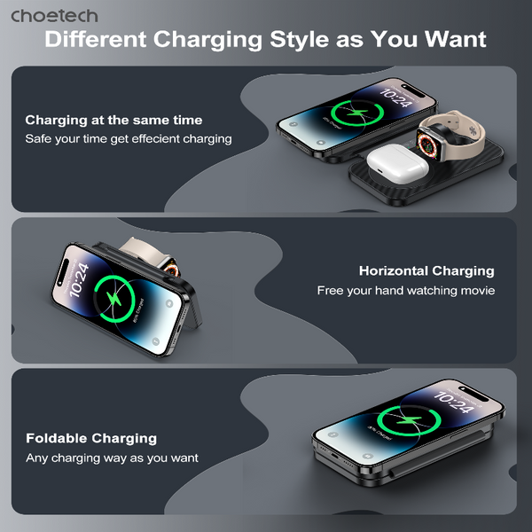 Choetech T616 F Bk 3In1 Magnetic Foldable Wireless Charger Chargers & Cradles