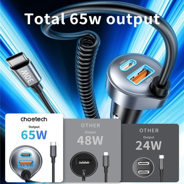 Choetech Tc0030 65W Port Fast Car Charger With 3.3Ft Type Stretchable Cable Chargers & Cradles