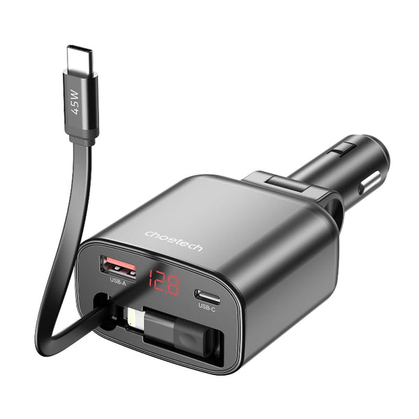 Choetech Tc0033 105W Usb C+Usb A Fast Car Charger With Stretchable Lightning Cables Usb Cables Hubs & Adapters