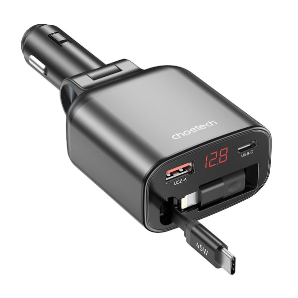 Choetech Tc0033 105W Usb C+Usb A Fast Car Charger With Stretchable Lightning Cables Usb Cables Hubs & Adapters