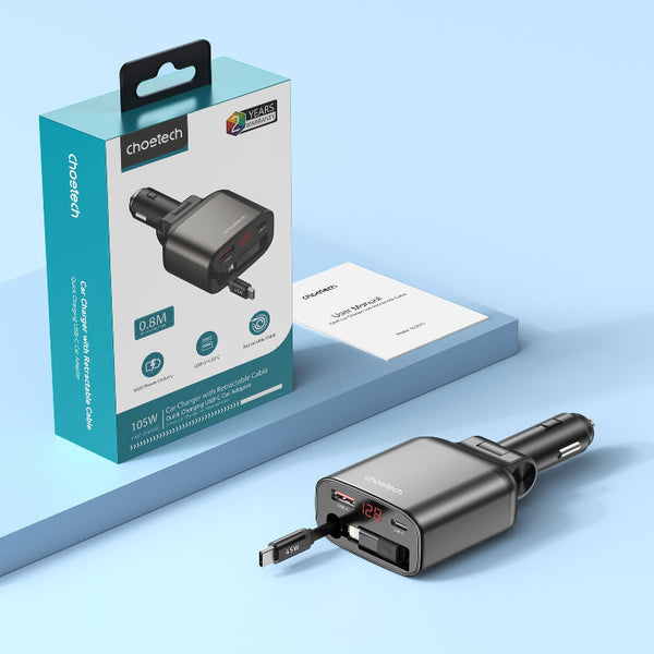 Choetech Tc0033 105W Usb C+Usb A Fast Car Charger With Stretchable Lightning Cables Usb Cables Hubs & Adapters