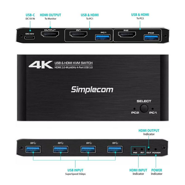 Simplecom Km420 Port Hdmi Kvm Switch 2.0 4K@60Hz Usb 3.0 Hub 5Gbps Kvm Switches