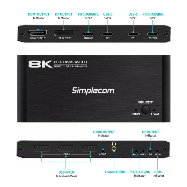 Simplecom Km470 2 Port Usb C Kvm Switch 8K Docking Station Hdmi 2.1 Dp For Laptop Tablet Kvm Switches
