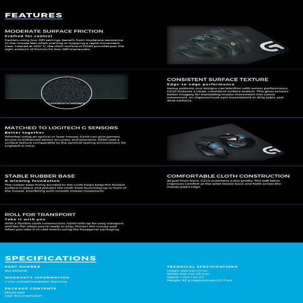 Logitech G240 Cloth Gaming Mouse Pad (943 000046) Mouse Pads & Wrist Rests