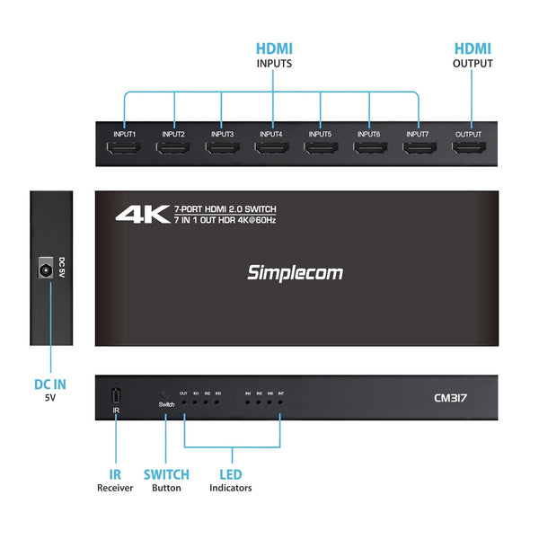 Simplecom Cm317 7 Port Hdmi 2.0 Switch With Remote In Out Splitter Hdcp 2.2 4K@60Hz Monitor/Av Cables & Adapters