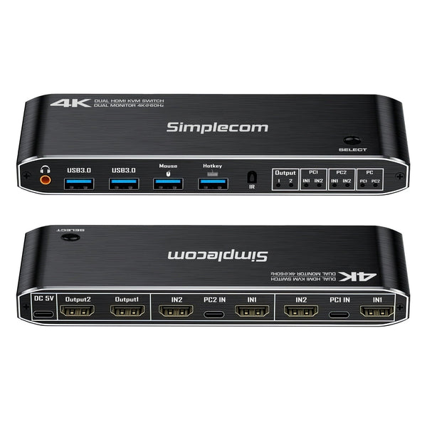 Simplecom Km430 Dual Hdmi Monitor Kvm Switch For 2 Computers With Port Usb Hub 4K@60Hz Keyboard Hotkey Kvm Switches
