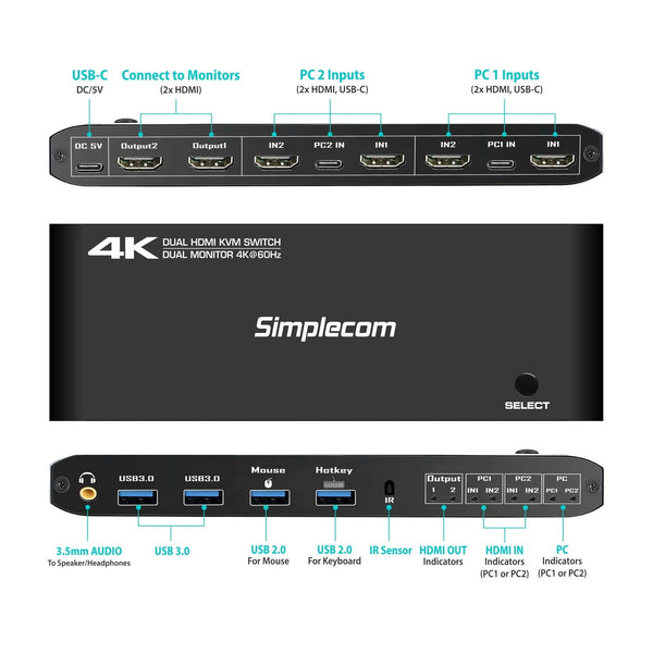 Simplecom Km430 Dual Hdmi Monitor Kvm Switch For 2 Computers With Port Usb Hub 4K@60Hz Keyboard Hotkey Kvm Switches