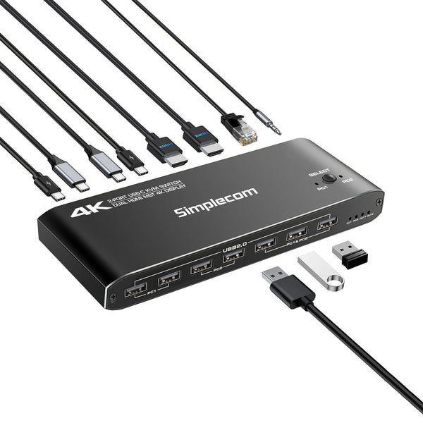 Simplecom Km590 2 Port Usb C Dual 4K Hdmi Monitor Kvm Switch And Docking Station With Network Sharing Kvm Switches