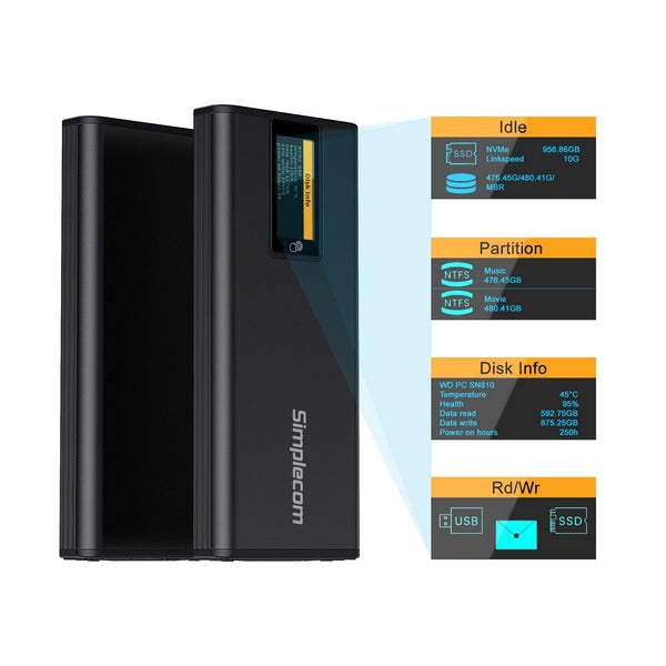 Simplecom Se530 Nvme / Sata M.2 Ssd To Usb C Enclosure With Smart Led Screen 3.2 Gen 10Gbps Drive Enclosures & Docks