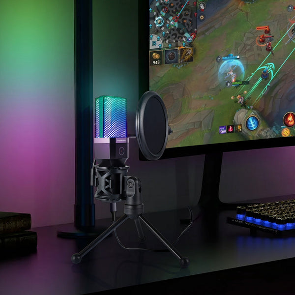 Simplecom Um650 Usb Cardioid Condenser Microphone Gaming Rgb Lights With Tripod & Pop Filter Microphones