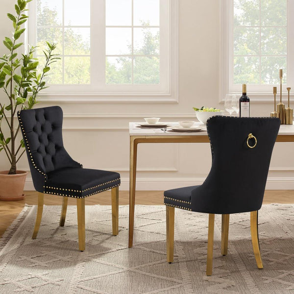Set Of 2 Alsea Velvet & Polished Steel Upholstered Tufted Stud Trim And Ring Colours Dining Chairs