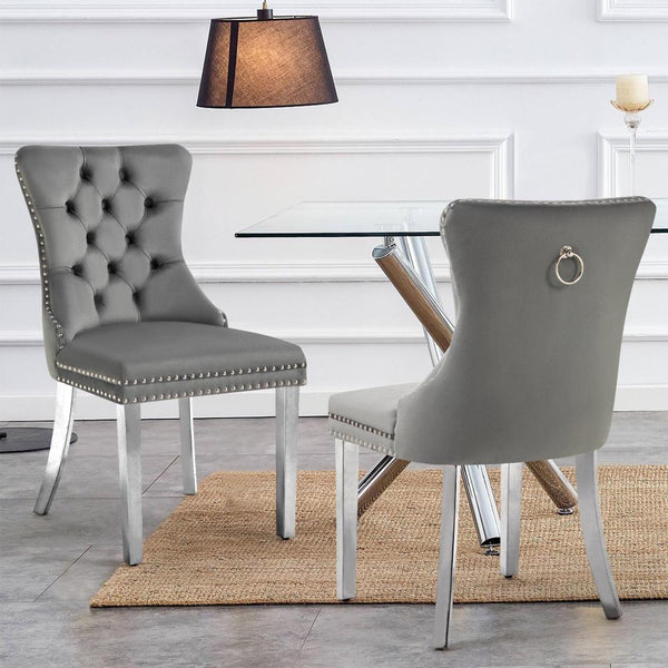 Set Of 2 Alsea Dark Grey Velvet & Silver Steel Upholstered Tufted Stud Trim And Ring Dining Chairs