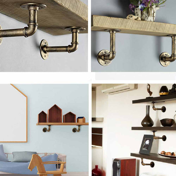 4Pcs Pipe Floating Shelf Bracket Industrial Mounting Storage Racks Decor Bronze Braces & Brackets