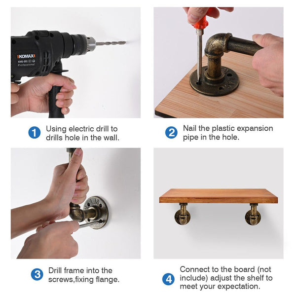 4Pcs Pipe Floating Shelf Bracket Industrial Mounting Storage Racks Decor Bronze Braces & Brackets