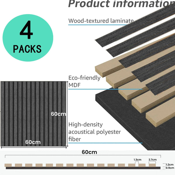 4 Pcs 60Cm X Wall Panel Wood Slat Acoustic Panels Sound Absorbing Proof For Ceiling Decorative Black Roof Sheets & Panels