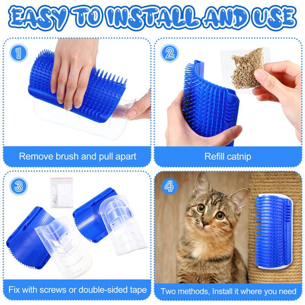 Cat Self Groomer Catnip Dog Toy Corner Wall Scratcher Comb Grooming Massage Brush Blue Pet Grooming