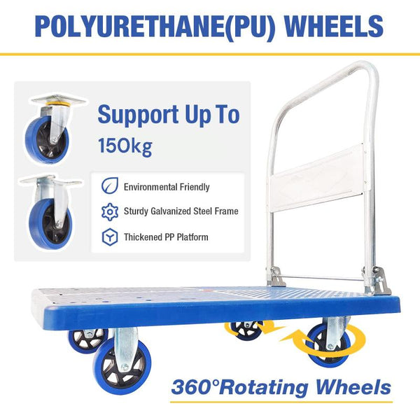 150Kg Foldable Warehouse Platform Trolley Truck Dolly Cart Swivel Wheels Moving Flatbed Wheelbarrows Carts Wagons