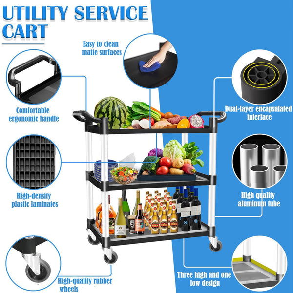 3 Tier Large Service Food Cart Restaurant Trolley Utility Kitchen Catering Shelf Storage Kitchen Carts
