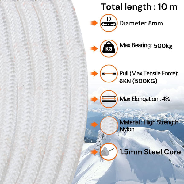 8Mm 10M Safety Climbing Rope Nylon Rock Static Outdoor Boat Anchor Marine Dock Lines Marine Rope