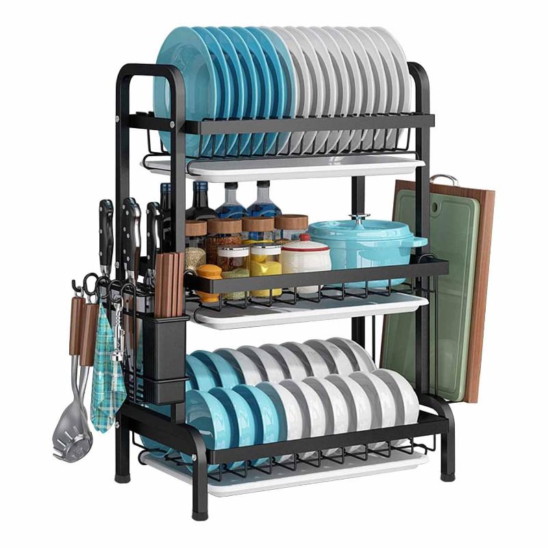 Dish Rack 3 Tier Dryer Drainer Stainless Steel Drying Drip Trays Side Holder Kitchen Storage Save Space Racks & Holders