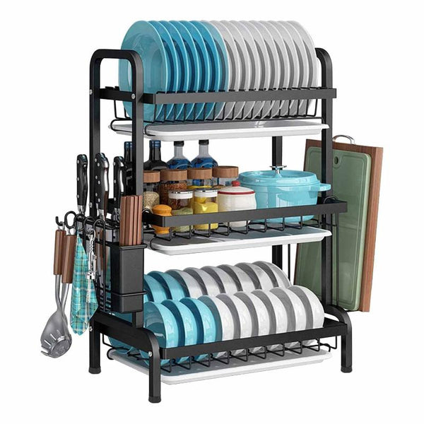 Dish Rack 3 Tier Dryer Drainer Stainless Steel Drying Drip Trays Side Holder Kitchen Storage Save Space Racks & Holders