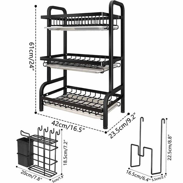 Dish Rack 3 Tier Dryer Drainer Stainless Steel Drying Drip Trays Side Holder Kitchen Storage Save Space Racks & Holders