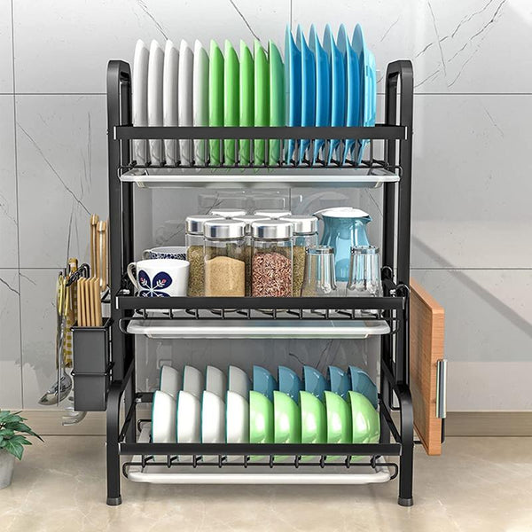 Dish Rack 3 Tier Dryer Drainer Stainless Steel Drying Drip Trays Side Holder Kitchen Storage Save Space Racks & Holders