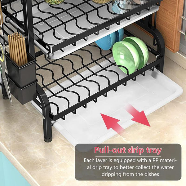 Dish Rack 3 Tier Dryer Drainer Stainless Steel Drying Drip Trays Side Holder Kitchen Storage Save Space Racks & Holders