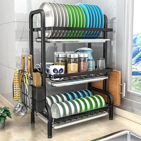 Dish Rack 3 Tier Dryer Drainer Stainless Steel Drying Drip Trays Side Holder Kitchen Storage Save Space Racks & Holders