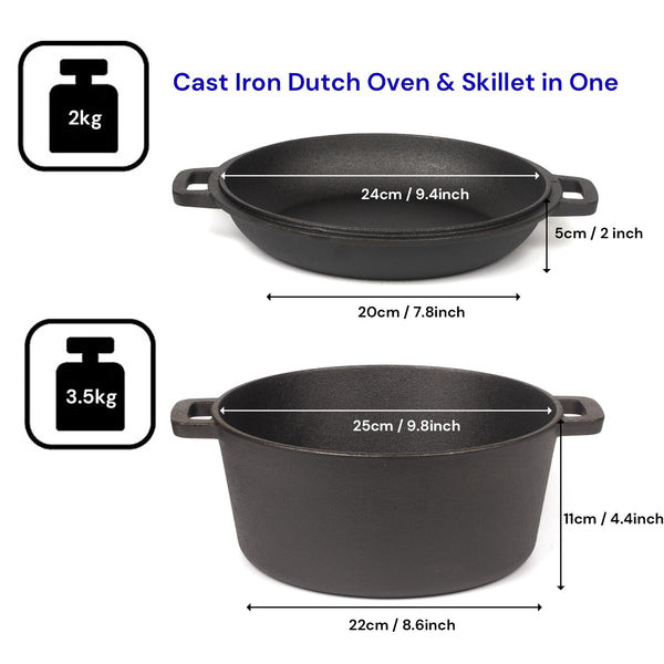 26Cm In 1 Pre Seasoned Cast Iron Dutch Oven & Skillet Set Frying & Grill Pans