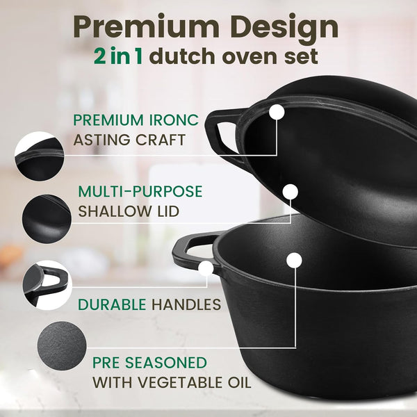 26Cm In 1 Pre Seasoned Cast Iron Dutch Oven & Skillet Set Frying & Grill Pans