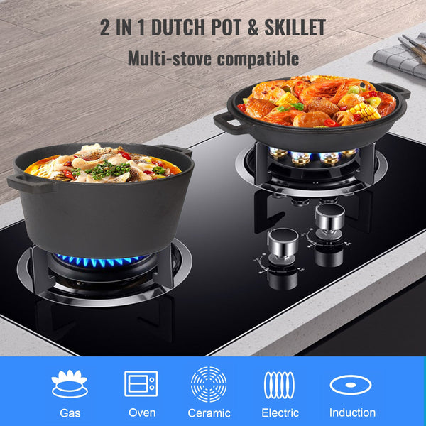26Cm In 1 Pre Seasoned Cast Iron Dutch Oven & Skillet Set Frying & Grill Pans