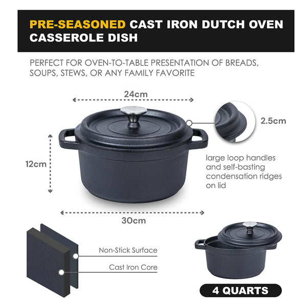 24Cm Pre Seasoned Nonstick Cast Iron Dutch Oven Handles Lid Skillet Cookware Braising Pot Pan Casserole Casserole Pans