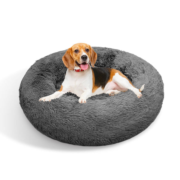 Dog Pet Cat Calming Bed Warm Plush Round Nest Comfy Sleeping Dark Grey 90Cm Pet Beds