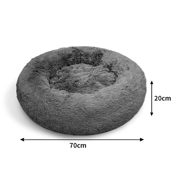 Dog Pet Cat Calming Bed Warm Plush Round Nest Comfy Sleeping Dark Grey 70Cm Pet Beds