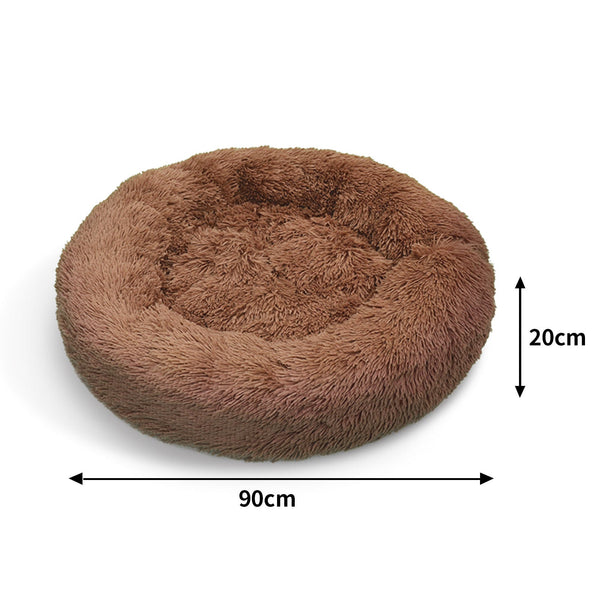 Pet Dog Warm Plush Round Comfortable Nest Light Coffee Large 90Cm Pet Beds